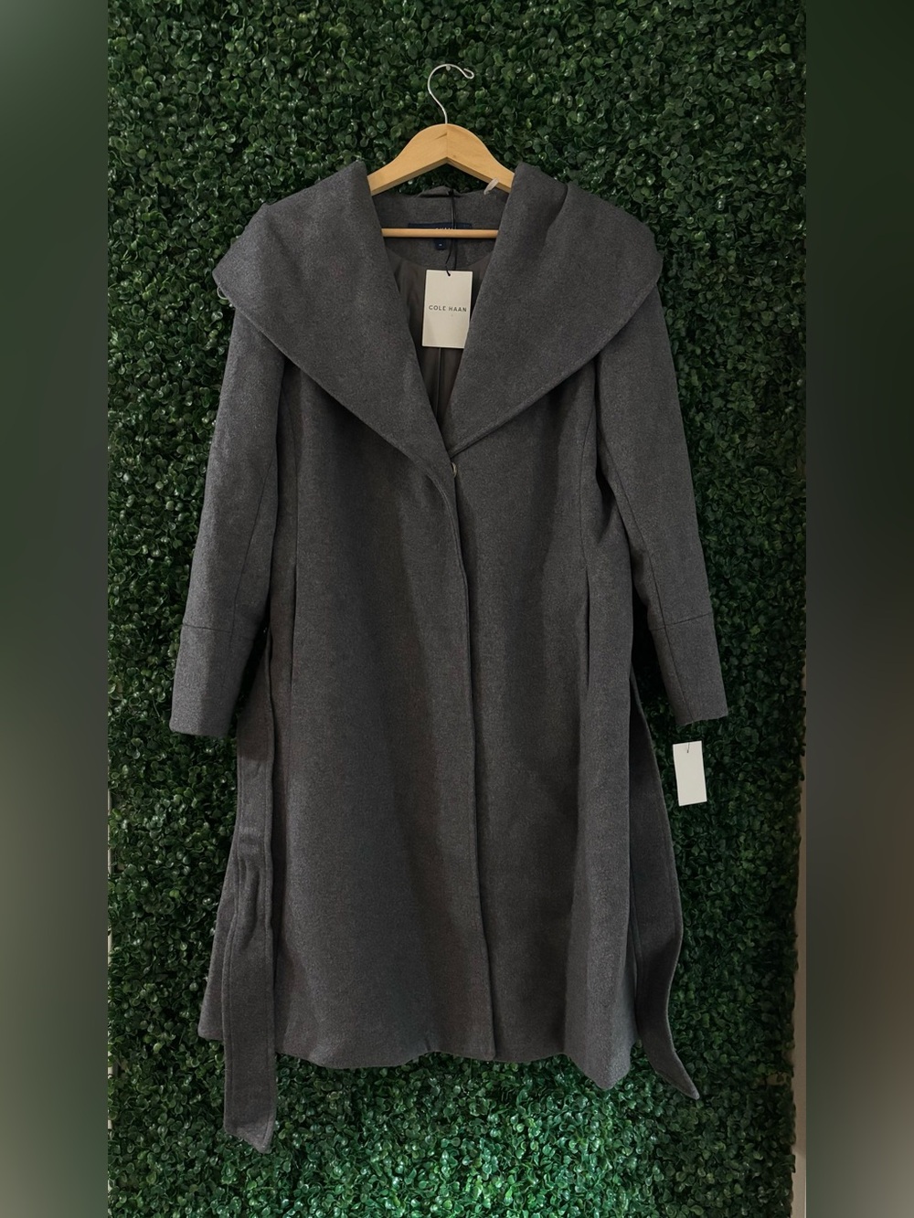 NWT Sz 14 Cole Haan Wool Blend Belted A-Line Coat Gray Oversized Collar